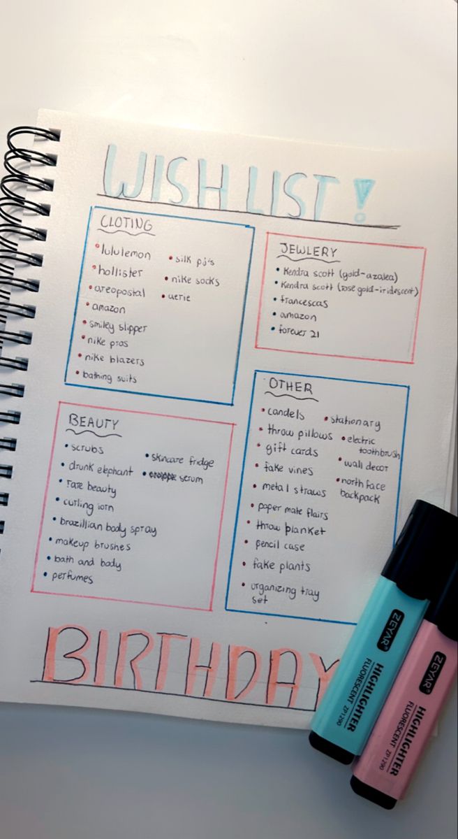 a birthday wish list with markers on it