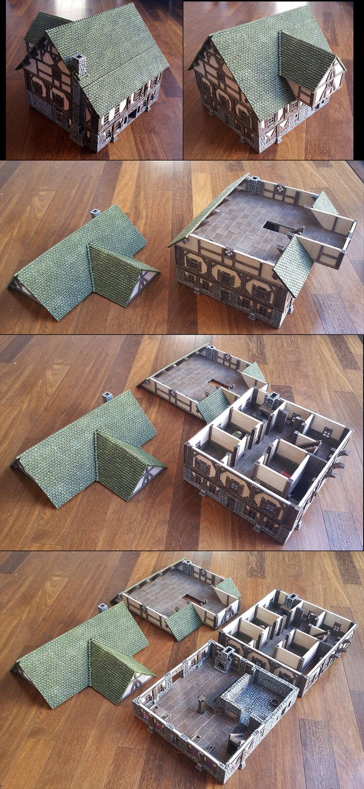 four different views of an old house made out of cardboard and cut into smaller pieces