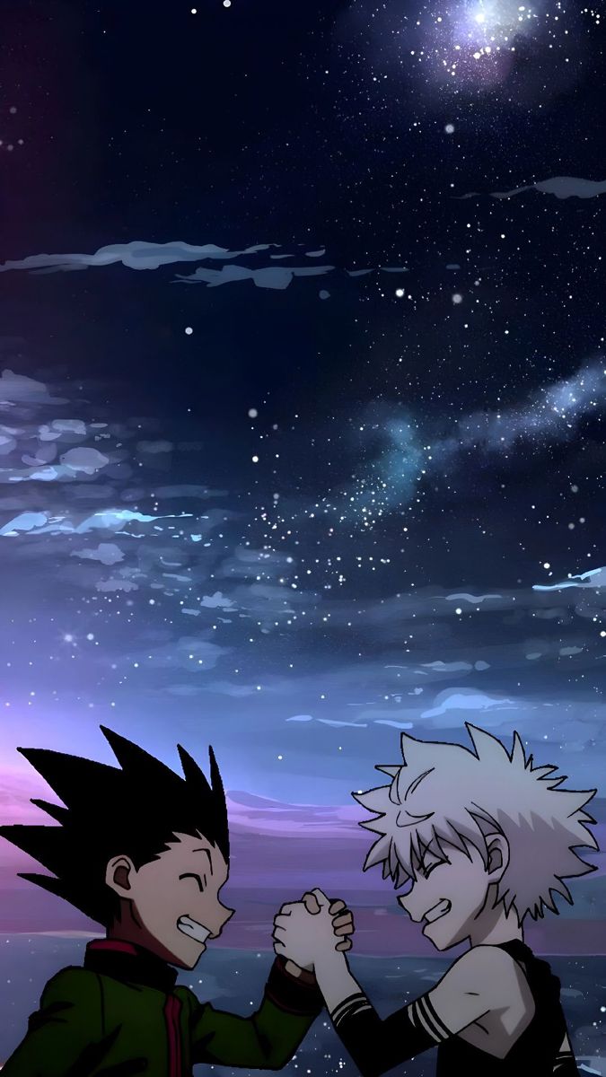 two anime characters standing in front of the night sky with their hands on each other