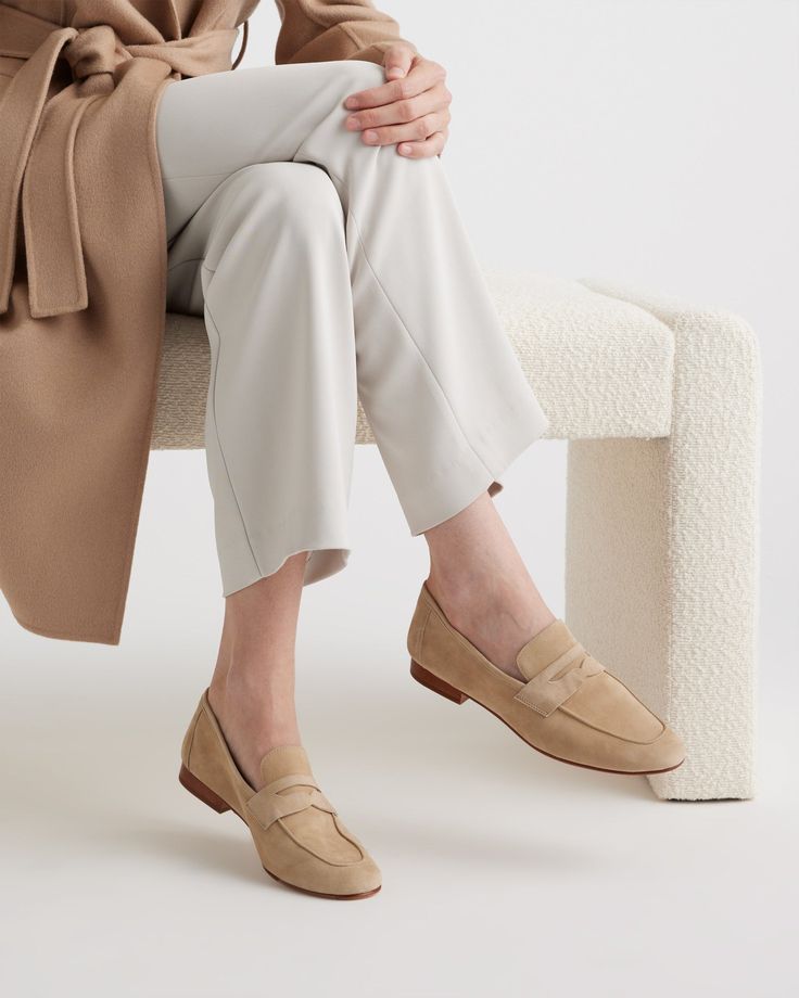 Cue the cropped jeans, because you're going to want to show off these Italian Suede Penny Loafers. Made from premium Italian suede, this timeless shoe feels buttery-soft on the outside and luxuriously comfy on the inside thanks to the super plush, cushiony insole. Nude Flats Outfit, Penny Loafers For Women Outfits, Loafers Women Outfit, Loafers For Women Outfit, Timeless Shoes, Nude Flats, Neutral Shoes, Flats Outfit, Loafer Shoes Women