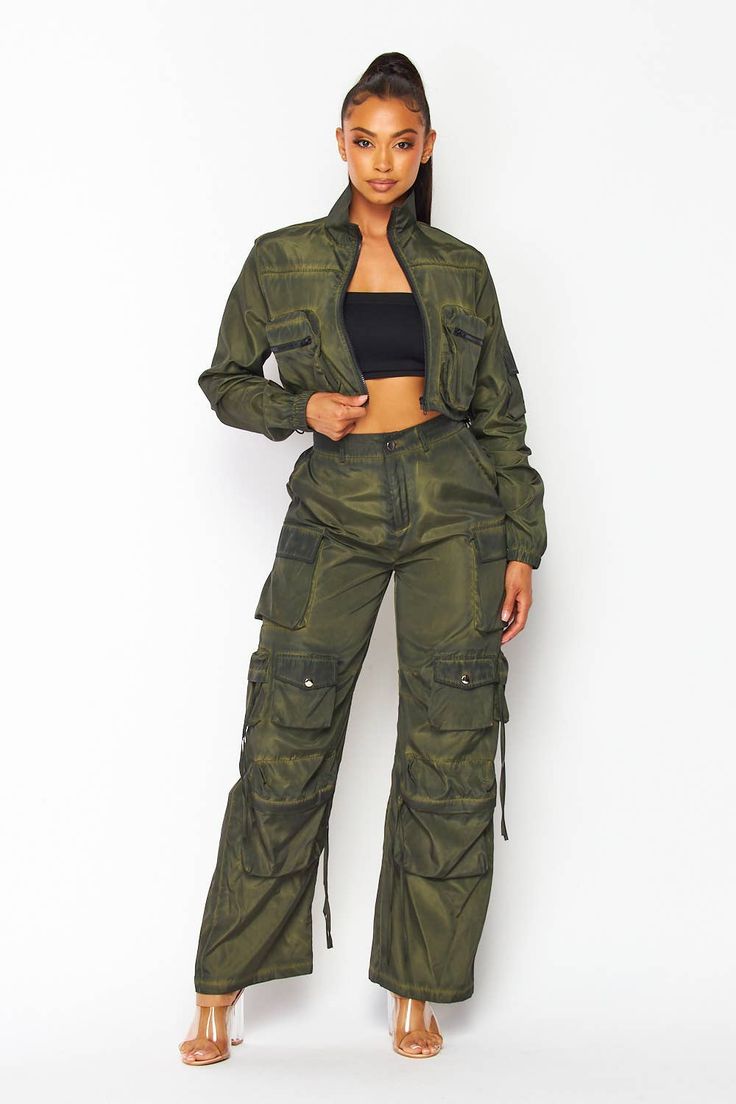 Our Dani Cargo Pocket Crop Bomber Jacket & Pants Set, Featuring Matching Jacket & Pants, Cargo Pocket Detailing, Zip Up Closure, Cropped Length, Straight Leg, Zipper Front Closure. Cargo Pants And Jacket, Urban Oversized Utility Jacket With Cargo Pockets, High-waisted Utility Cargo Pants With Multiple Pockets, High Rise Utility Cargo Parachute Pants, Chic High-waisted Parachute Pants With Cargo Pockets, Versatile High-waisted Parachute Pants With Cargo Pockets, Bodice Applique, Pants Cargo, Cargo Pocket