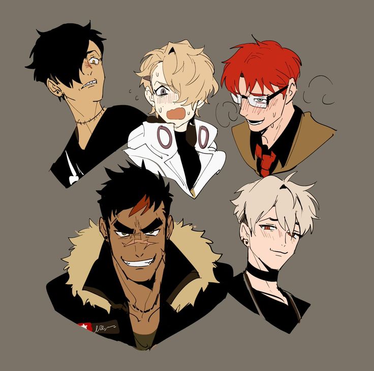 four anime characters with different facial expressions and hair colors, one is red, the other is black