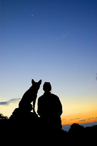 a man and his dog sitting on top of a hill at sunset with the moon in the sky