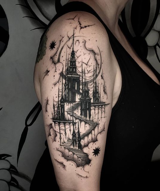 a woman with a castle tattoo on her arm