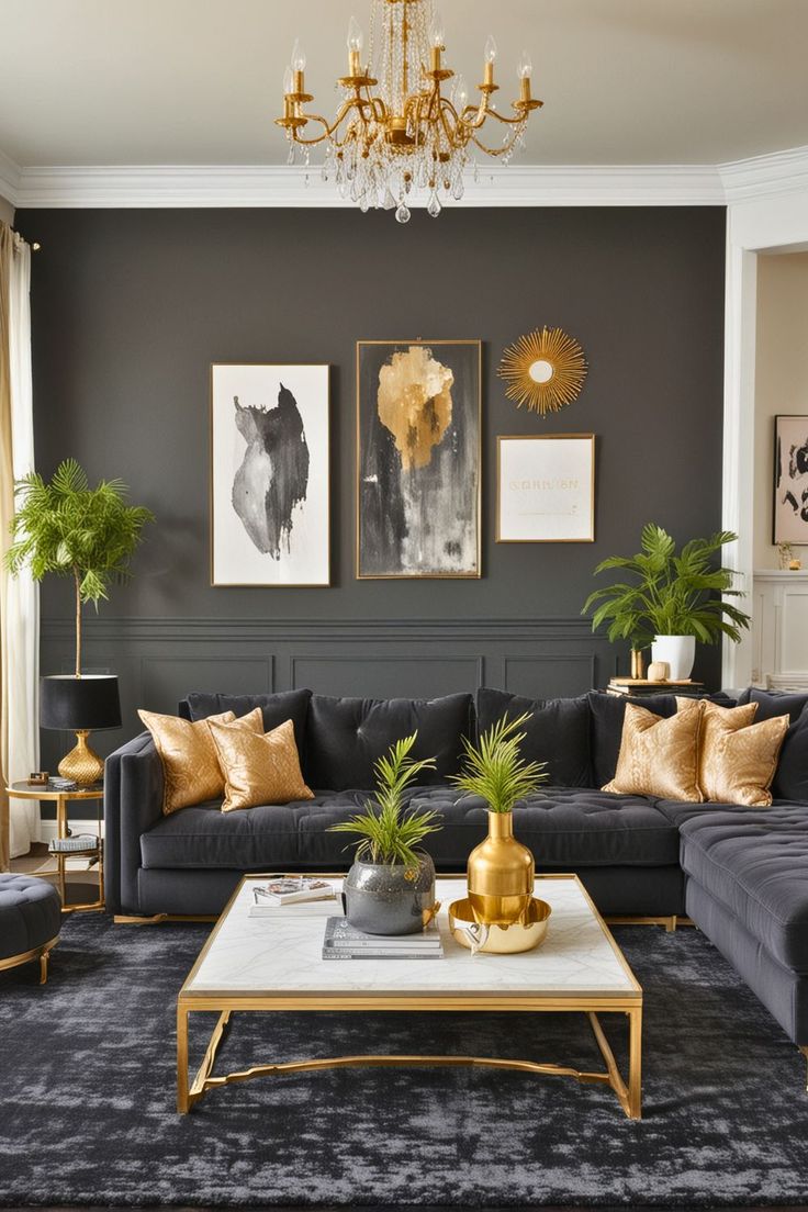 a living room with grey walls and gold accents