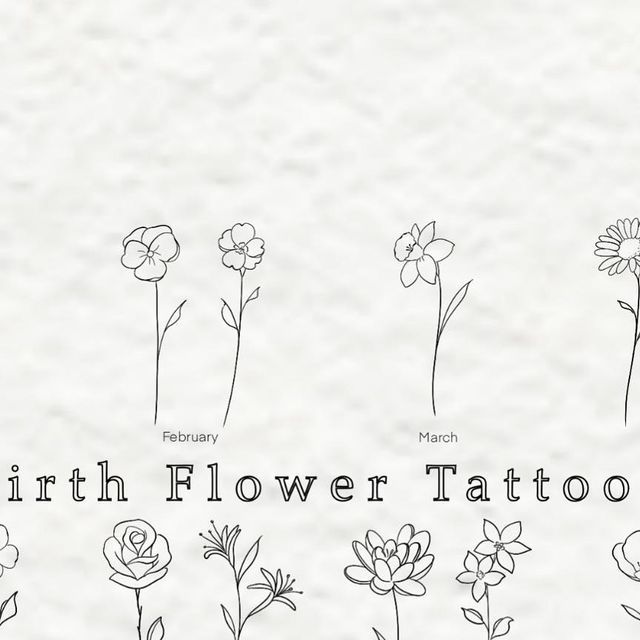 the birth flower tattoo is drawn in black and white, with flowers on each side