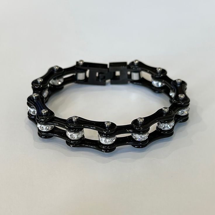 Black Bike Chain Bracelet With Clear Stones. No Flaws Or Signs Of Wear. Measurements Are Shown In Photos. Metal Is Stainless Steel. Black Chain Link Edgy Jewelry, Trendy Black Chain Link Jewelry, Edgy Black Chain Link Jewelry, Trendy Black Chain Link Bracelet, Black Adjustable Chain Link Bracelet, Trendy Black Metal Chain Bracelet, Modern Black Metal Chain Bracelet, Black Chain Link Bracelet Gift, Black Metal Chain Bracelet