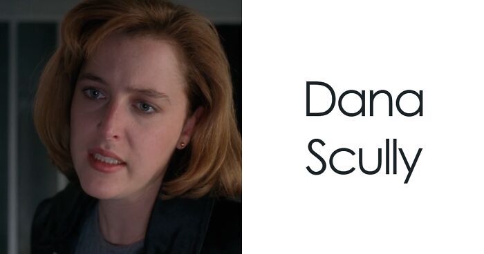 a woman with red hair is looking at the camera and has words that read dana scully