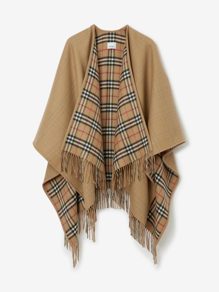 Check Wool Reversible Cape in Archive Beige - Women | Burberry® Official Burberry Cape, Cape For Women, Burberry Shorts, Burberry Vintage, Beige Shorts, Wool Cape, Wool Flannel, Designer Drapes, Poncho Cape