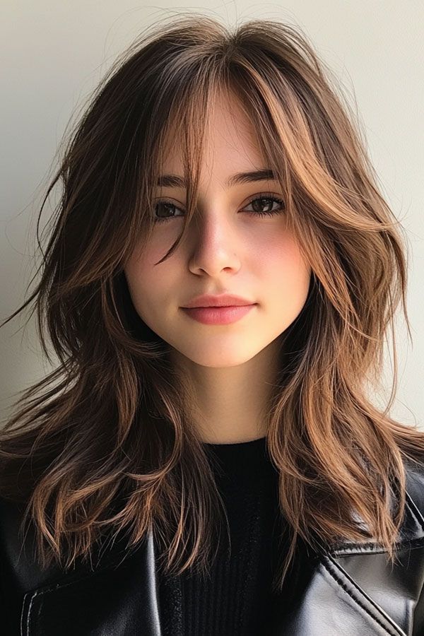 Medium Hair Layers Wavy, Messy Shoulder Length Hair Choppy Layers, Haircuts For Wavy Hair Medium Layered, Layers For Wavy Hair Medium, Wave Hairstyles Medium, Medium Length Permed Hair, Bangs For Thick Wavy Hair, Wavy Long Layers, Wispy Layered Hair