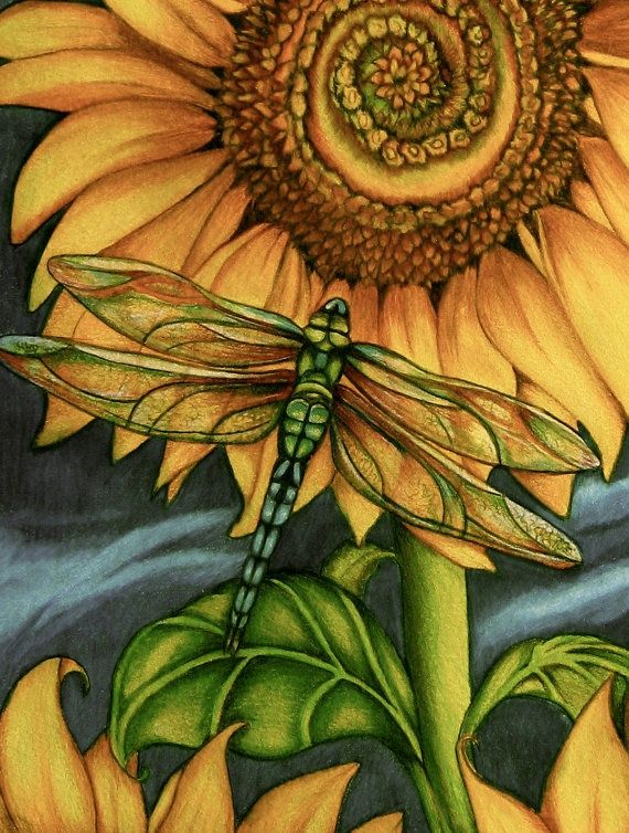 a painting of a sunflower with a dragonfly sitting on it's back