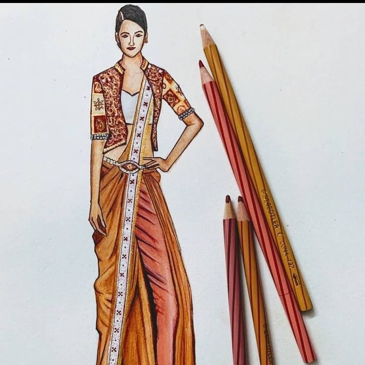 a pencil drawing of a woman wearing a sari and standing next to some pencils