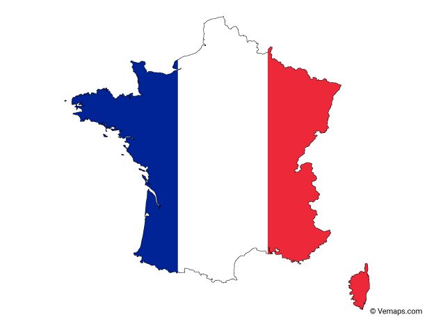 the map of france with the flag in red, white and blue on it's side