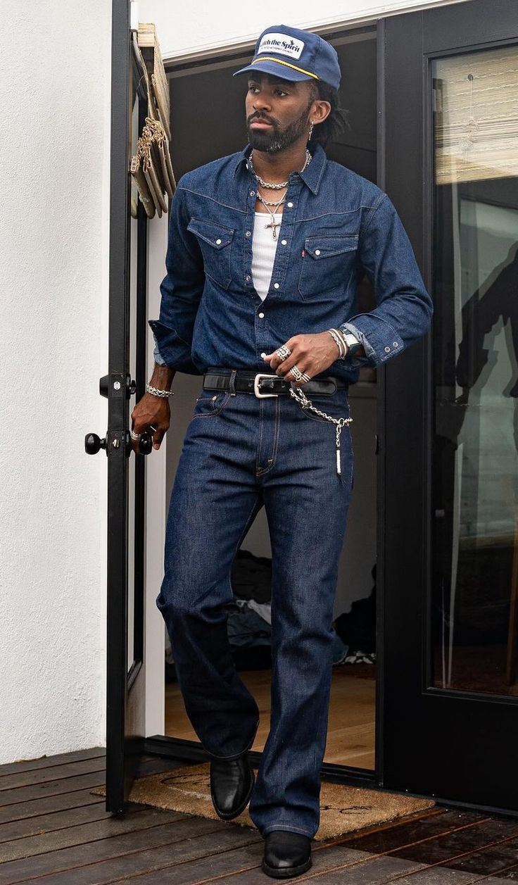 Americana Fashion Men, Masc Fits, Guy Clothes, Denim Outfit Men, Art Vibe, Modern Cowboy, Western Outfits Men, Urban Cowboy, Design Outfit