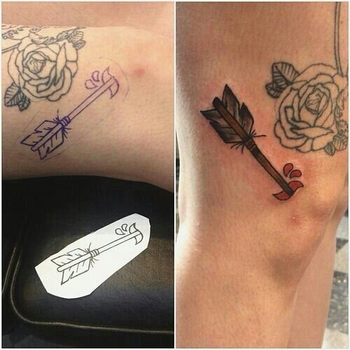 three different tattoos with arrows and roses on them