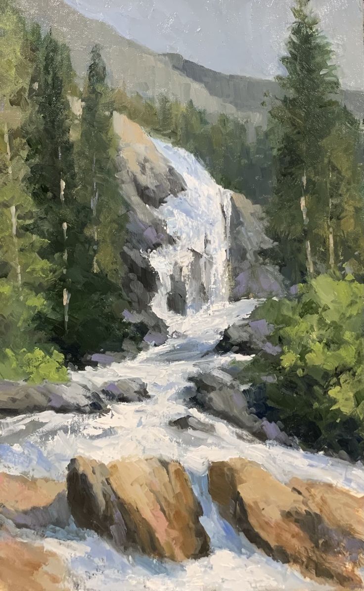 a painting of a waterfall in the woods