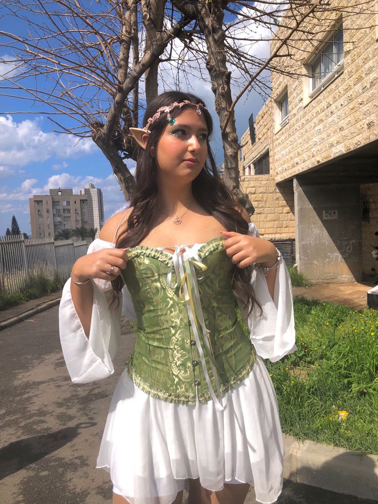 Happy #purim #costume #green #fairy #holiday Fairy Corset Costume, Fairy Costume Green, Elf Costume Women, Mythical Outfits, Mythical Party, Green Fairy Costume, Carnaval Inspo, Purim Costume, Hollywood Outfit