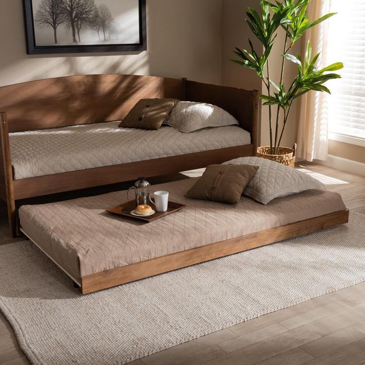 Baxton Studio Veles Modern and Contemporary Ash Walnut Finished Twin Size Trundle Bed FredCo Bed Styles, Beautiful Bed Designs, Twin Trundle, Twin Size Bed Frame, Bed Design Modern, Twin Mattress Size, Baxton Studio, Twin Size Bedding, Trundle Bed