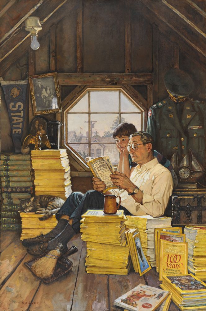 a painting of two men sitting at a table with stacks of books