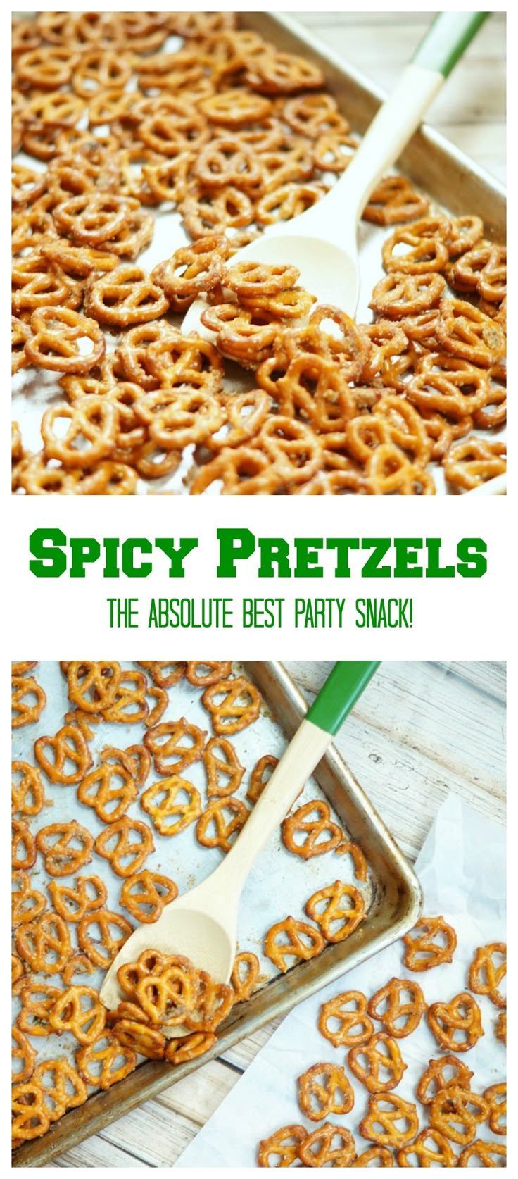 the cover of spicy pretzels is shown with a spoon in it and there are other pretzels on the table