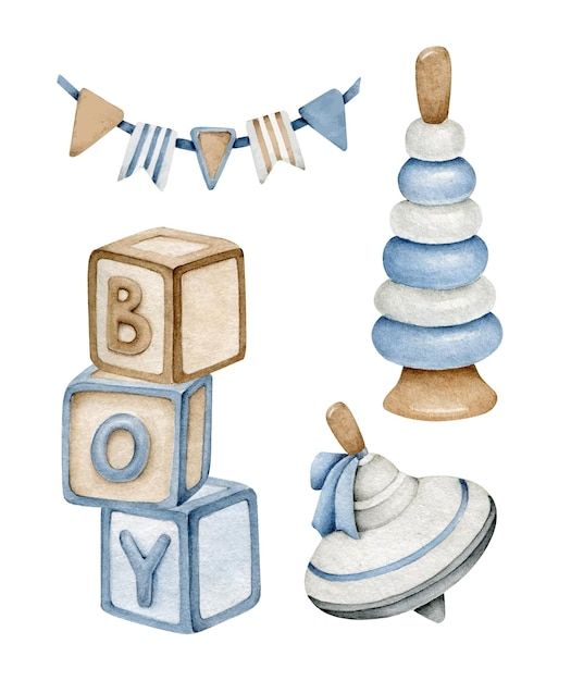 a watercolor drawing of baby blocks and toys