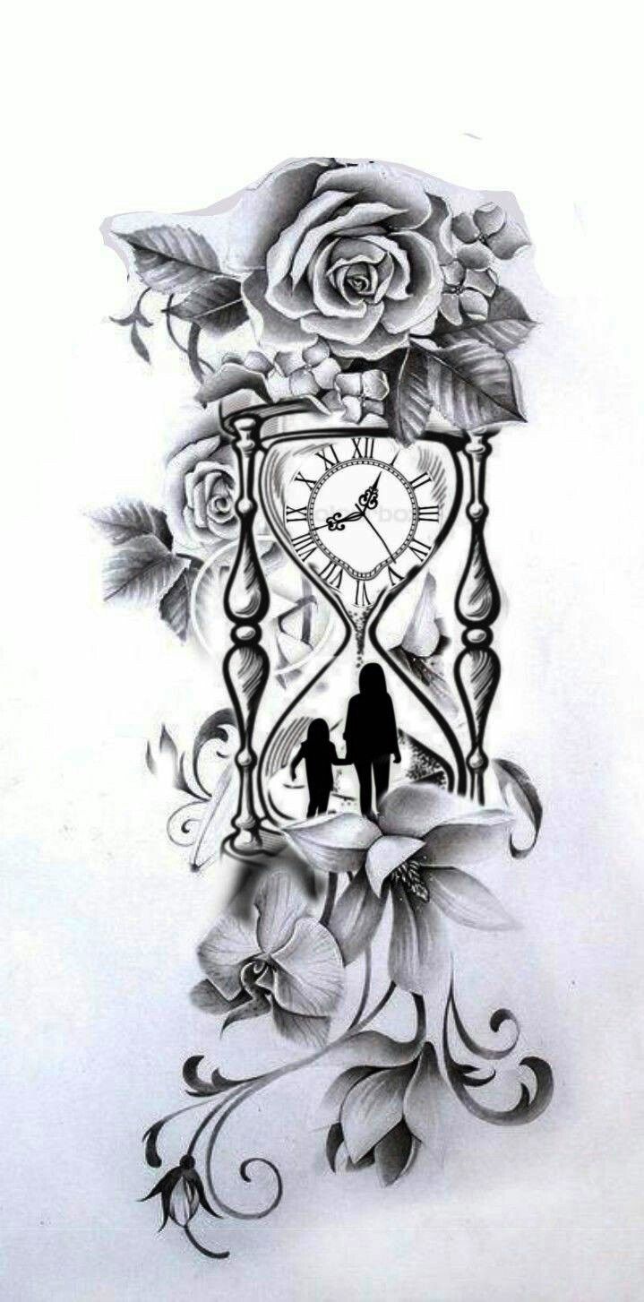 a drawing of a man and woman holding hands in front of a clock with roses on it