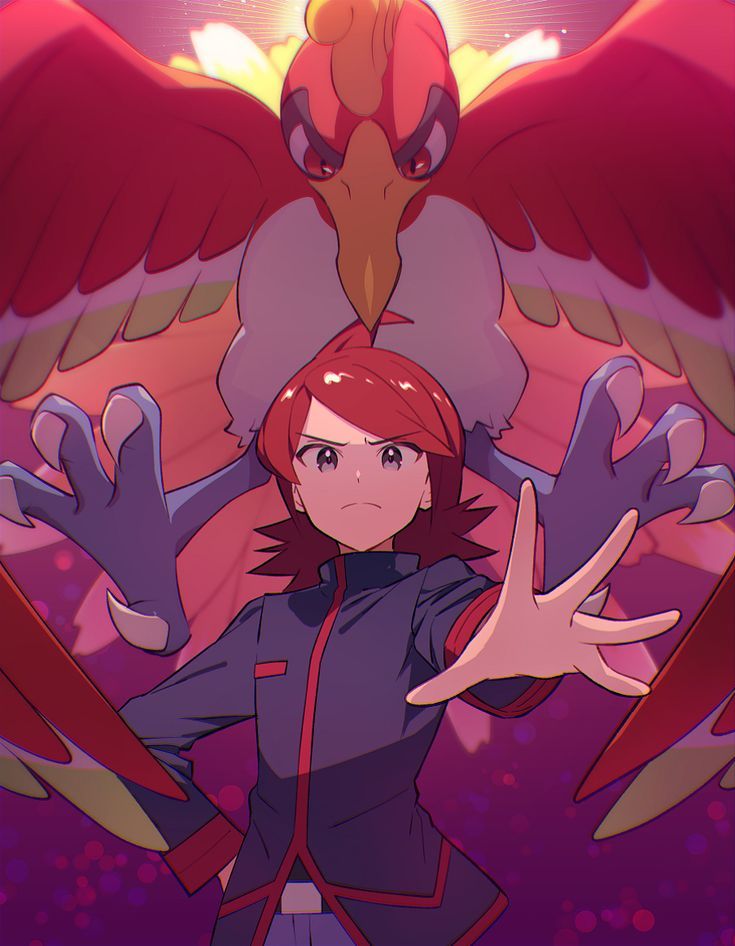 a woman with red hair standing in front of a bird and holding her hands up