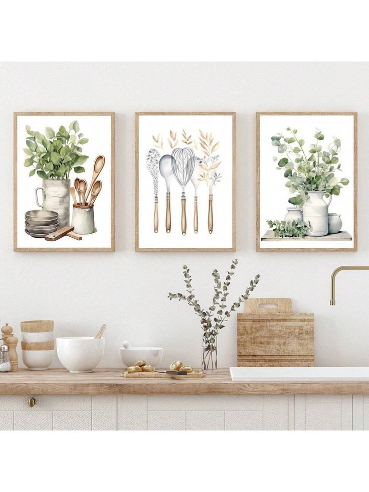 three framed art prints with kitchen utensils and herbs on the wall above a sink