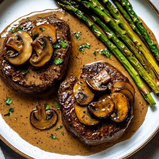 two steaks with mushrooms and asparagus on a plate