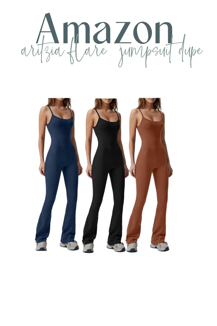 three women wearing different colored jumpsuits with the words amazon on it and an image of