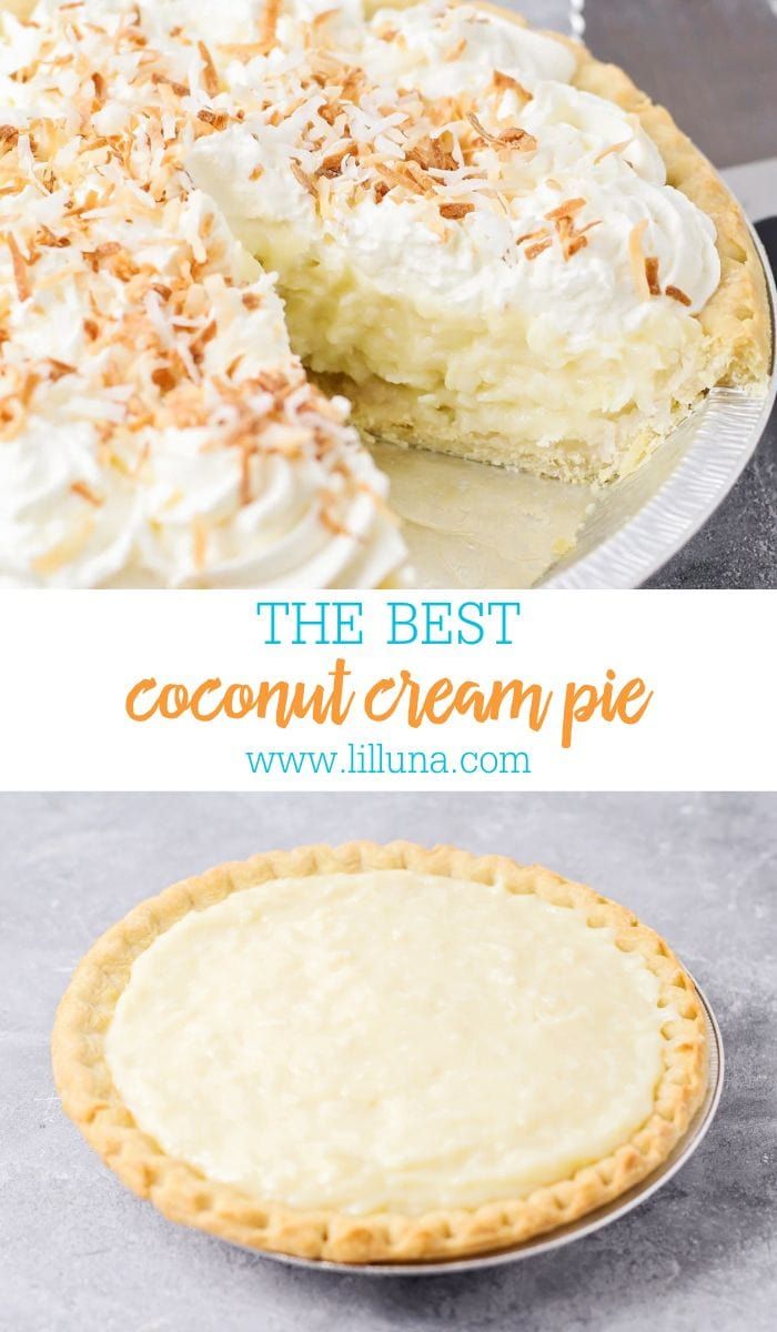 the best coconut cream pie is on display in front of a plate with a slice cut out