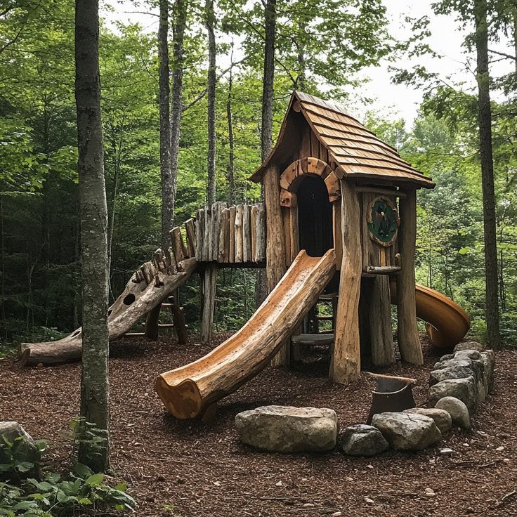 a wooden play structure in the woods with a slide