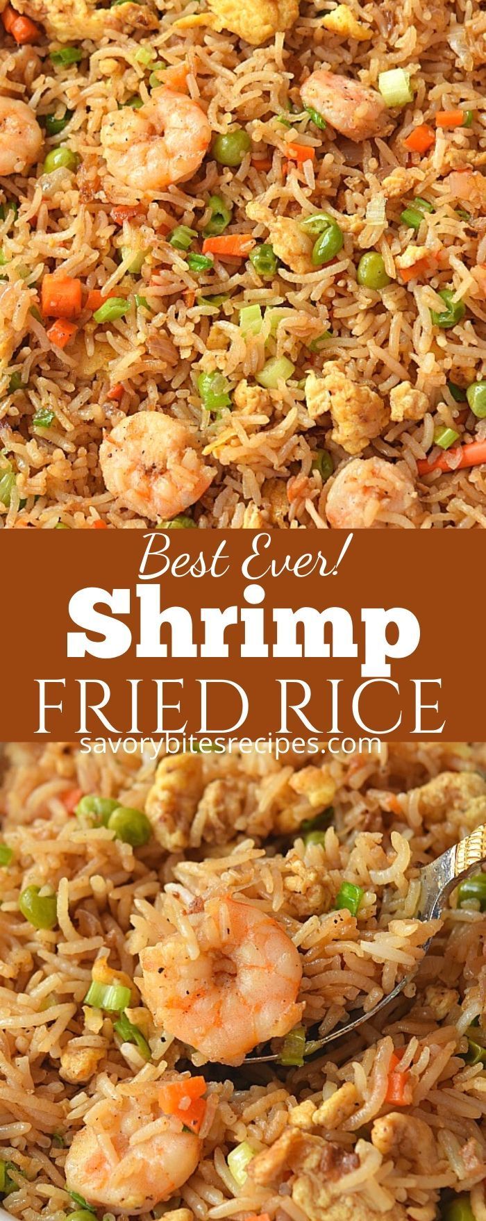 shrimp fried rice with peas and carrots in a white casserole dish