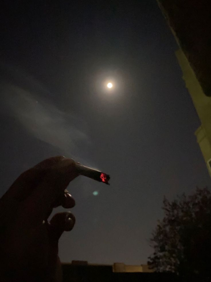 a person holding a flashlight in their left hand at night with the moon behind them