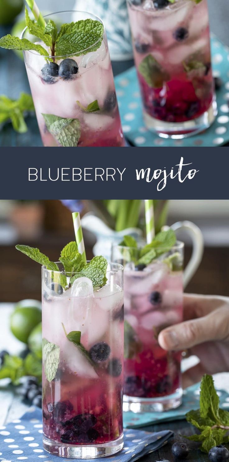 two glasses filled with blueberry mojito and mint garnish on top