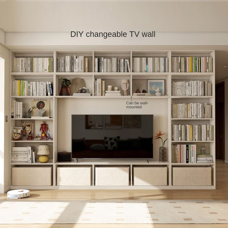 a living room with bookshelves and a television on the wall in front of it