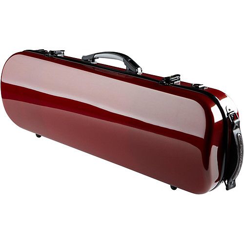 a shiny red case with black handles and handlebars on the bottom is shown