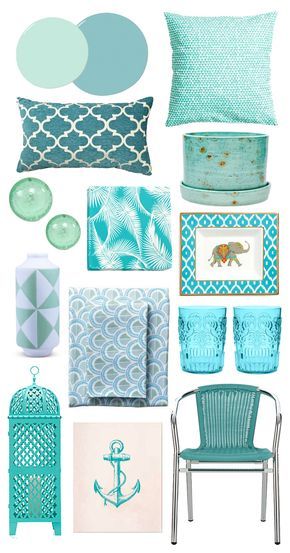 a collage of blue and green items including pillows, pillow cases, vases, rugs and other decorative items