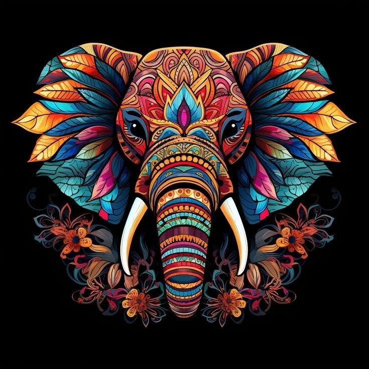 an elephant with colorful designs on it's face