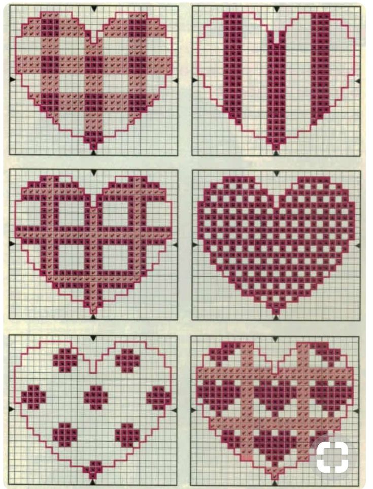 four cross stitch heart designs in red and white