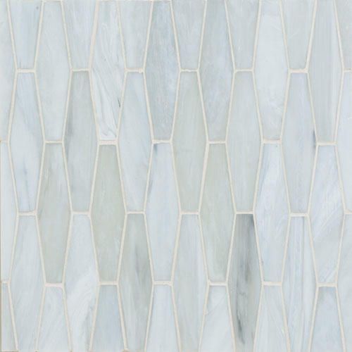 a white marble mosaic tile wall with hexagonal pattern in the middle and diagonals on each side