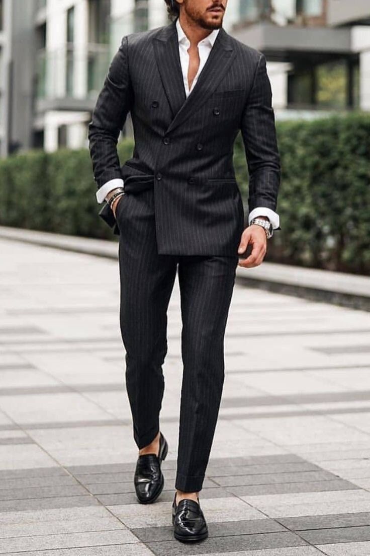 Mens Black Suit Wedding, Black Pinstripe Suit Men, Suits For Men Stylish Wedding, Black Double Breasted Suit Men, Double Breasted Suit Men Wedding, Men Double Breasted Suit, Stylish Suits For Men, Mens Pinstripe Suit, Black Groomsmen Suits