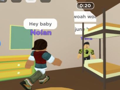 an animated image of a child running in a room with bunk beds and other toys