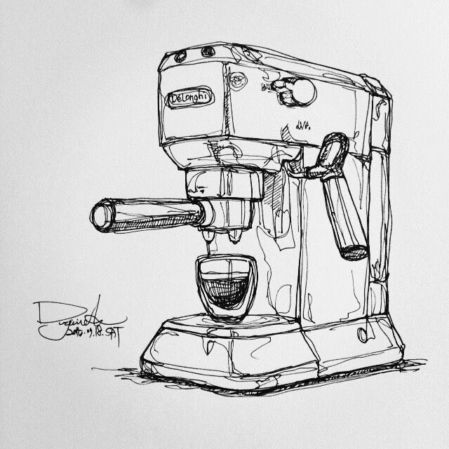 a drawing of an espresso machine sitting on top of a table