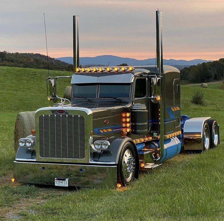 a large semi truck parked on top of a lush green field