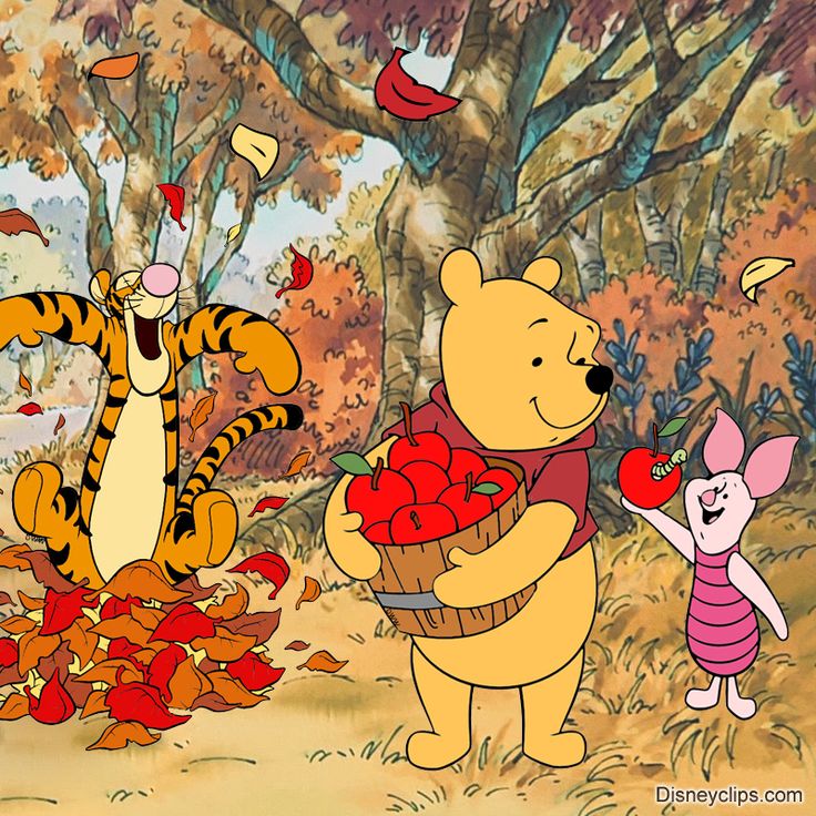 winnie the pooh and piglet with apples in their hands, surrounded by autumn leaves