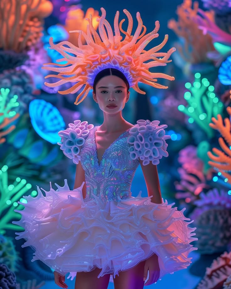 a woman in a dress made out of fake corals