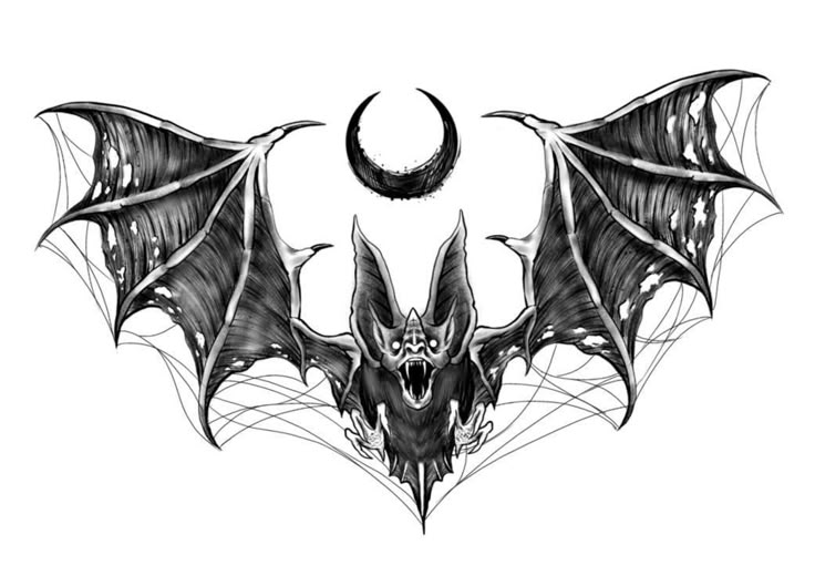 a black and white drawing of a bat with fangs on it's wings, in front of a half moon