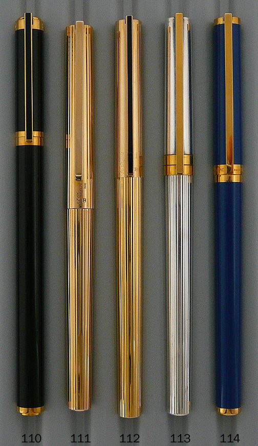 four different types of fountain pens lined up in a row on a gray surface with measurements for each pen