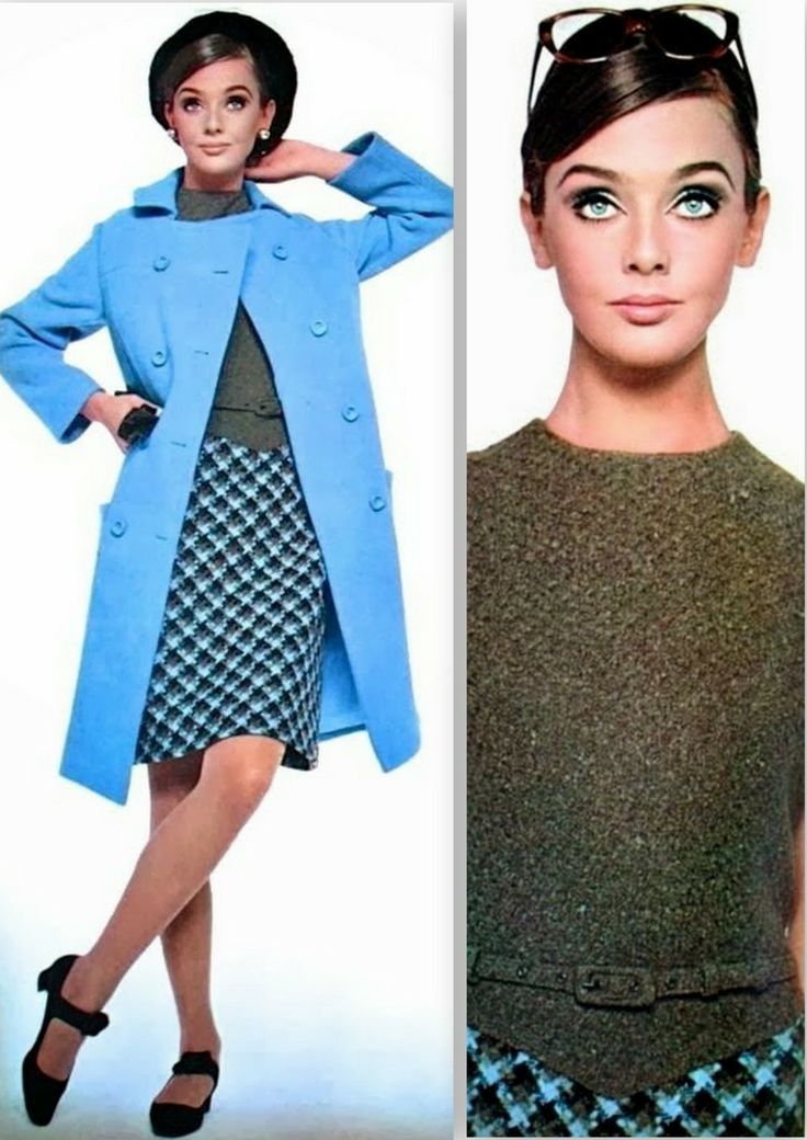 a woman in a blue coat and skirt next to an image of a model wearing sunglasses